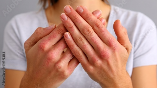 Close-up of woman's hands exhibiting skin irritation with redness on light skin