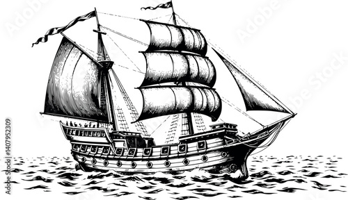 Engraved pirate ship vector illustration. Vintage monochrome etching of a classic vessel.