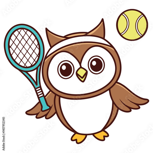 Cartoon Owl Holding a Tennis Racket With Headband and Tennis Ball isolated design