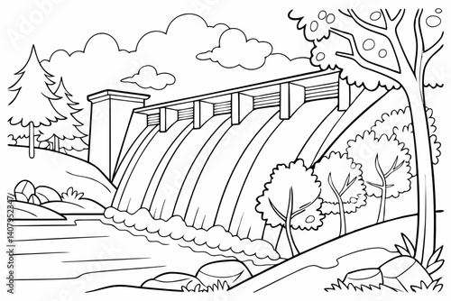 Coloring Pages, Beautiful dam scenery, colorless, black and white