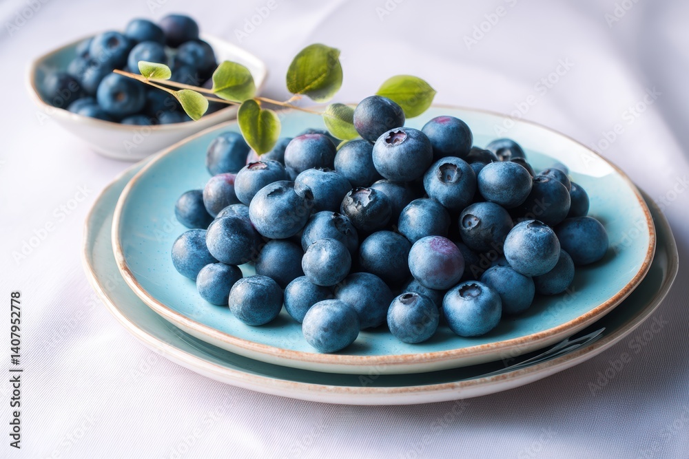 Fresh blueberries on a light blue ceramic plate enhance a minimal healthy breakfast in morning sunlight Fresh blueberries on a light blue ceramic plate enhance a minimal healthy breakfast in morning sunlight