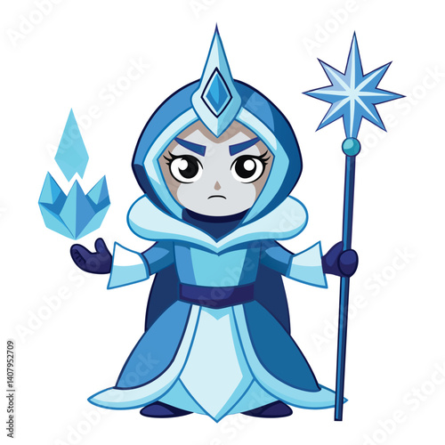 Ice Wizard Cartoon Character with Magic Staff and Crystal Powerful Fantasy Sorcerer in Blue Robe Casting Frost Spells Illustration