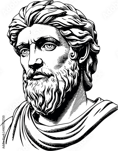 Engraved Greek statue vector illustration. Vintage etching of classical sculpture in monochrome.