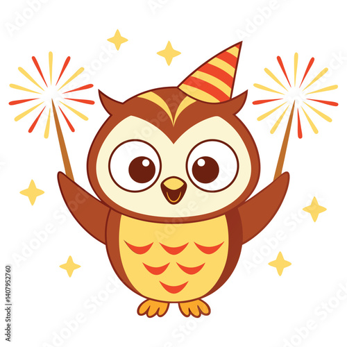 Celebrating Owl with Party Hat Holds Sparklers on Transparent Background