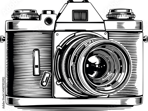 Engraved vintage camera vector illustration. Detailed monochrome etching of a classic camera.