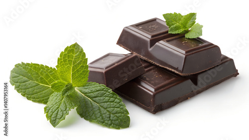 Dark Chocolate Pieces With Fresh Mint Leaves On A White Background