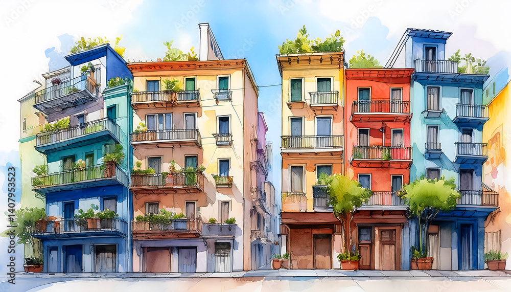 Fototapeta premium A watercolor rendering of a row of colorful, classic townhouses with balconies and foliage, in a loose, painterly style