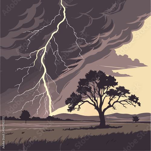 Dramatic Lightning Storm Over Tree Landscape – Vector Nature Illustration