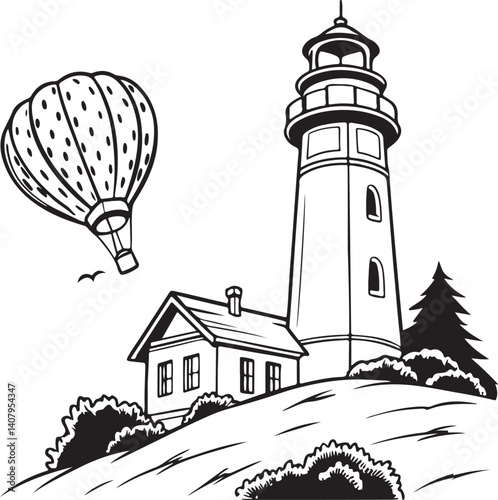 Lighthouse and Hot Air Balloon Scenic Black and White Illustration