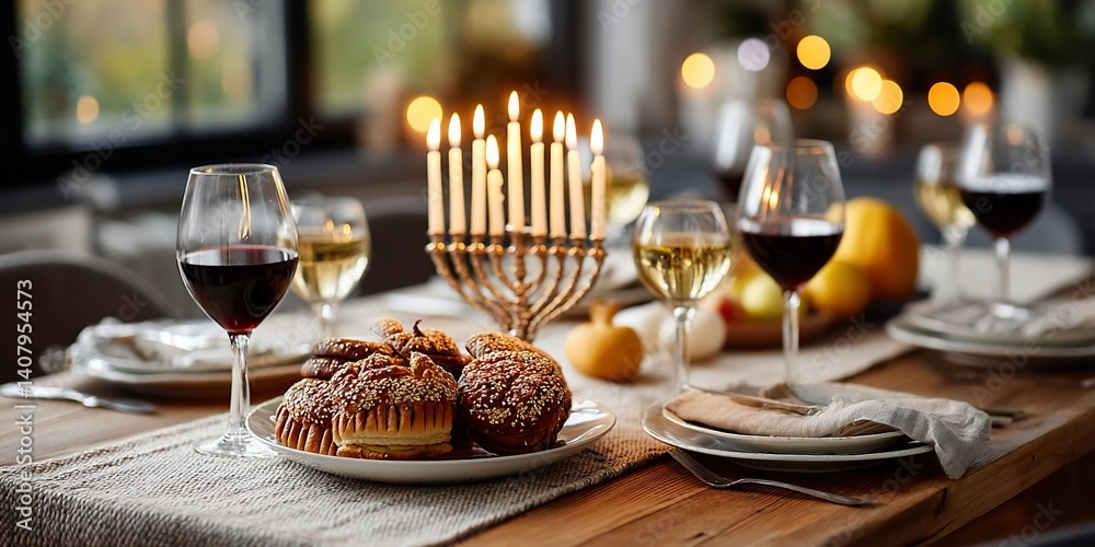 Festive dinner setting with lit candles, wine glasses, and pastries Festive dinner setting with lit candles, wine glasses, and pastries