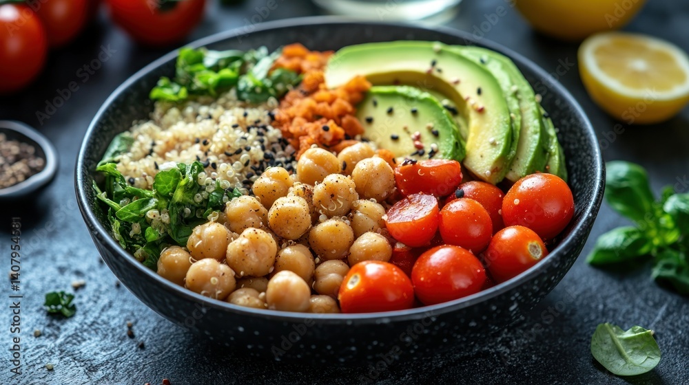 Colorful and nutritious grain bowl with chickpeas, avocado, tomatoes, and greens