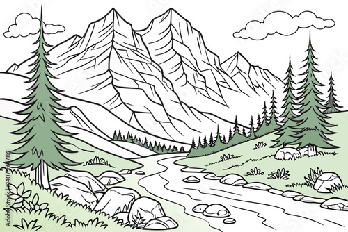 Coloring Pages, Beautiful high mountain scenery, colorless, black and white