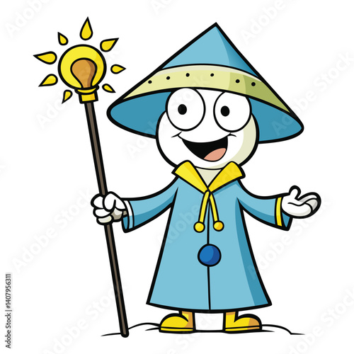 Cute Cartoon Wizard Character with Magic Staff Adorable Blue Robe Magician with Cloud Hat, Fantasy Spell Caster Illustration