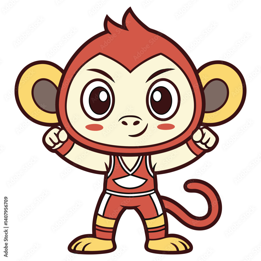 Fototapeta premium Cartoon Monkey Mascot Raising Arms Up Wearing Wrestler Outfit on White Background