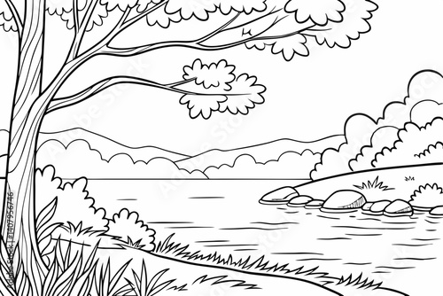 Coloring Pages, Beautiful lake, colorless, black and white