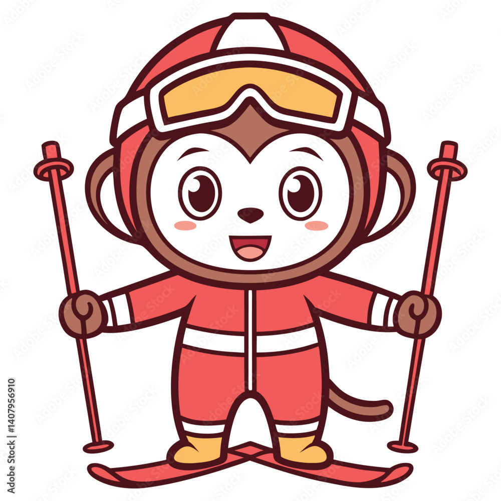 Cartoon Monkey with Ski Poles, Winter Clothes and Goggles on a White Background Cartoon Monkey with Ski Poles, Winter Clothes and Goggles on a White Background
