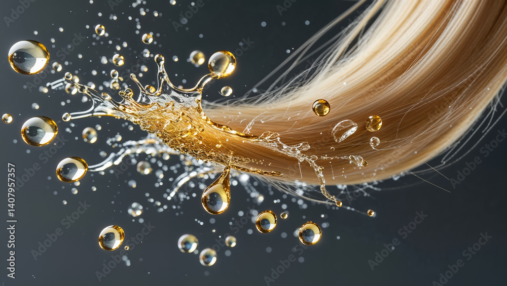 close up blonde hair, oil drops, hair care concept