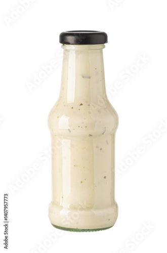 Foto Glass sauce bottle filled with creamy salad dressing on transparent background