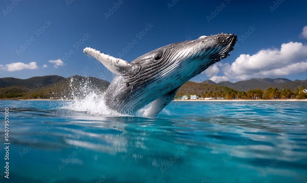 Obraz premium Majestic whale breaching from the ocean, creating splashes against a blue sky