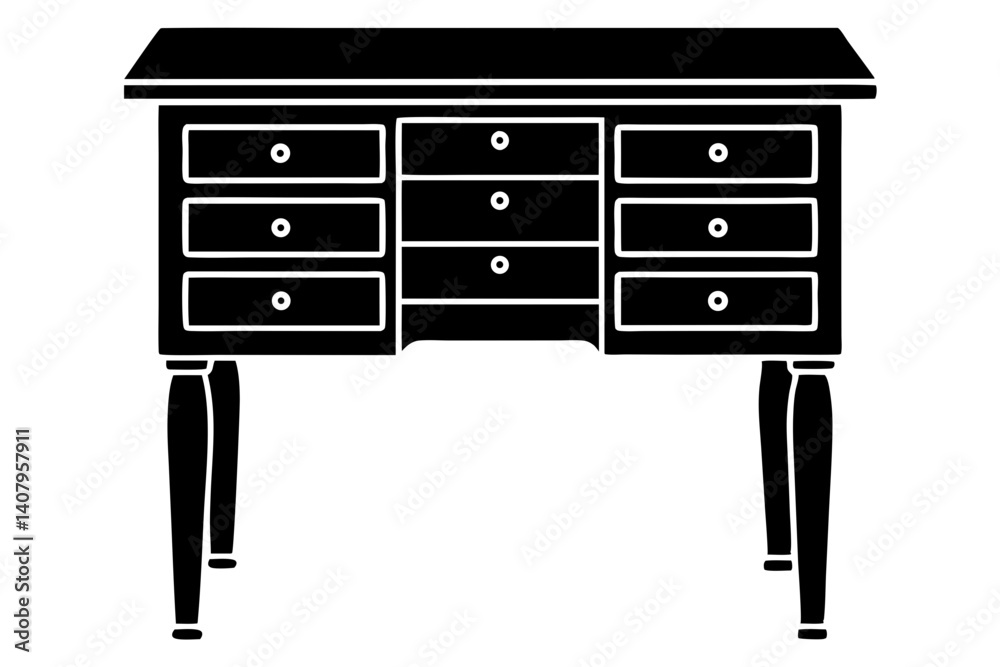 Silhouette of a desk with drawers and legs Silhouette of a desk with drawers and legs