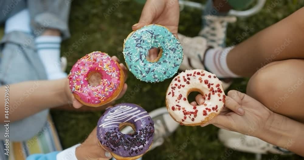 Friends Holding Colorful Donuts Outdoors