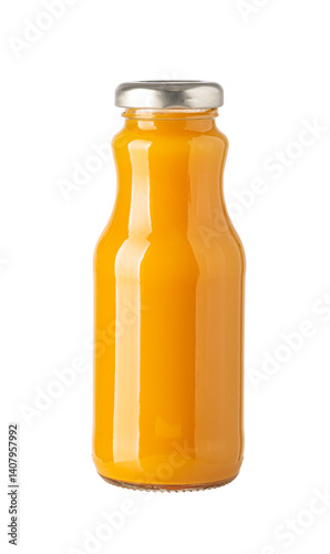 Glass bottle containing refreshing orange juice on transparent background