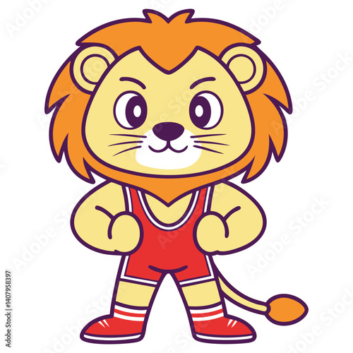 Cartoon Lion Character in Red Wrestling Singlet on a White Transparent Background