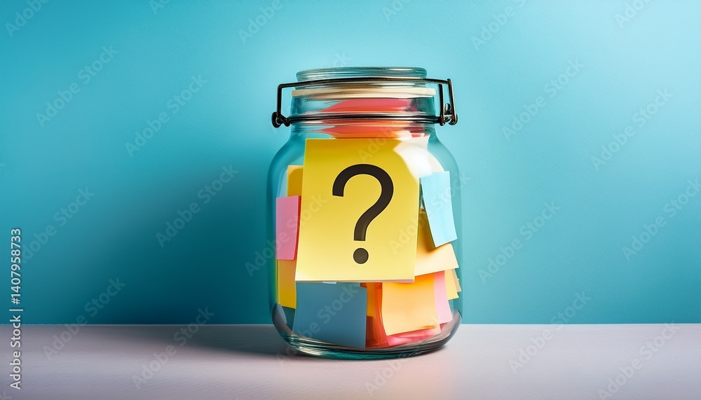 Obraz premium colorful sticky notes in jar with question mark on minimalist background