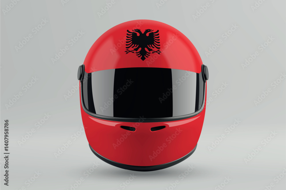 Front view of racing helmet featuring Albania flag colors