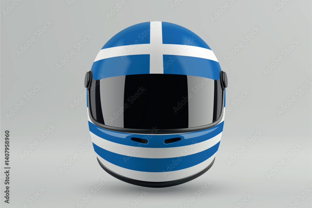 Front view of racing helmet featuring Greece flag colors