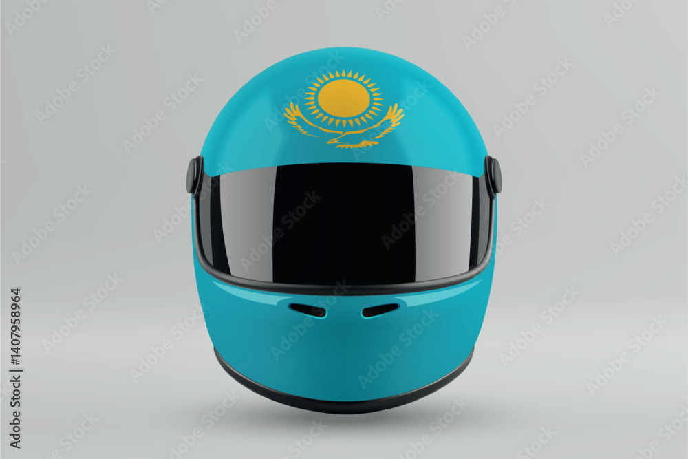 Front view of racing helmet featuring Kazakhstan flag colors