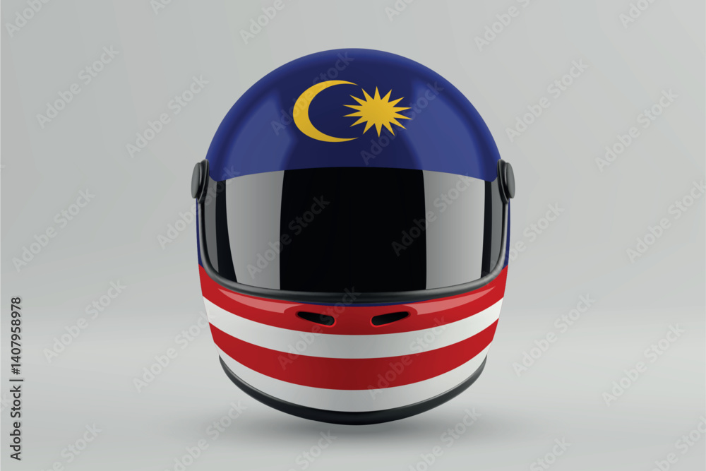 Front view of racing helmet featuring Malaysia flag colors
