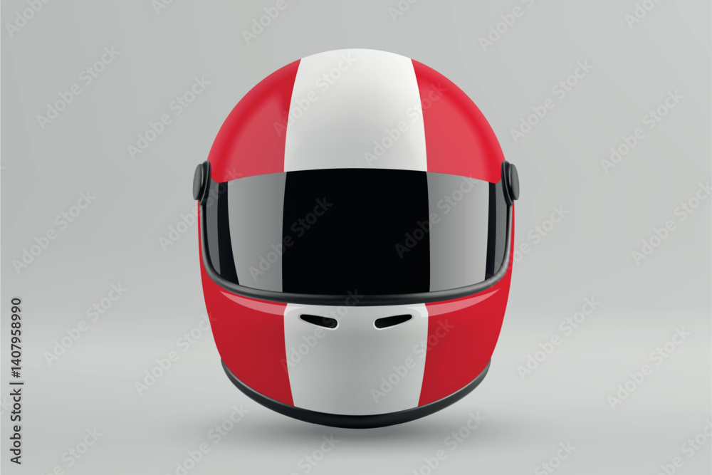 Front view of racing helmet featuring Peru flag colors