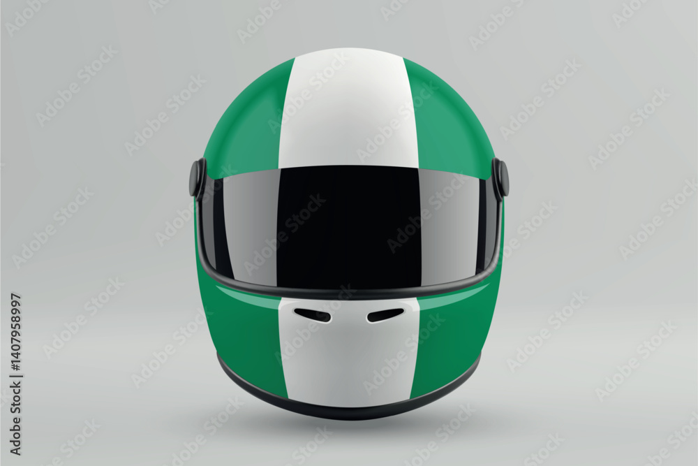 Front view of racing helmet featuring Nigeria flag colors