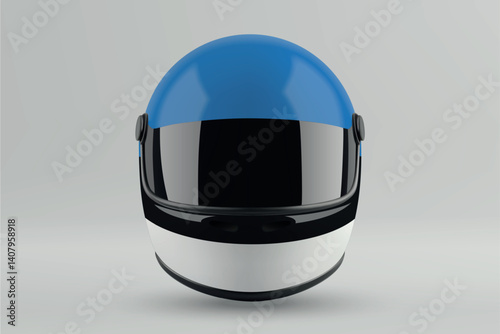 Front view of racing helmet featuring Estonia flag colors