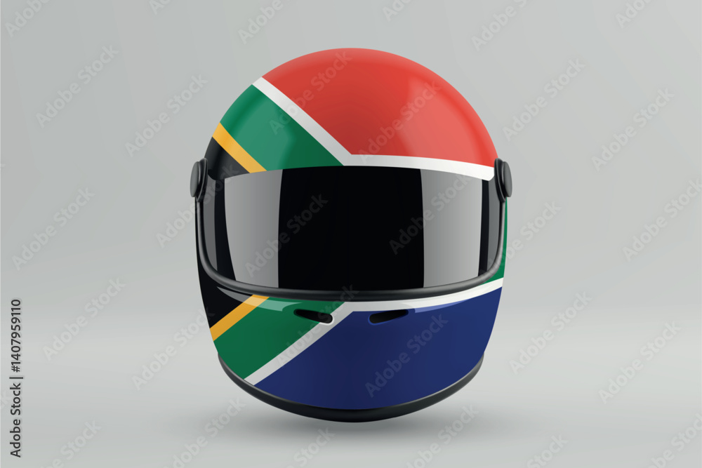 Front view of racing helmet featuring South Africa flag colors
