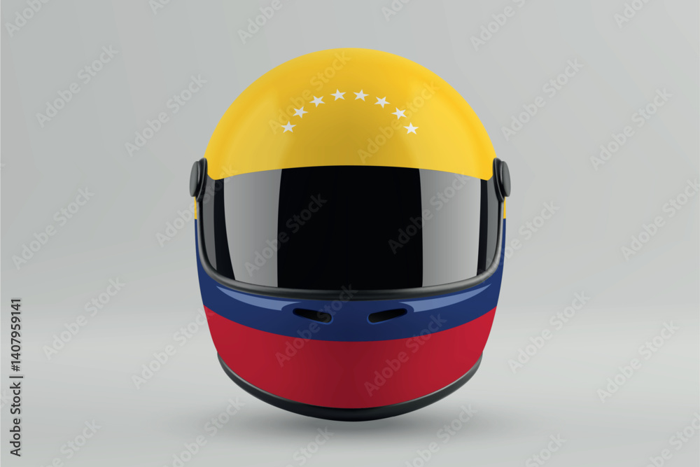 Front view of racing helmet featuring Venezuela flag colors