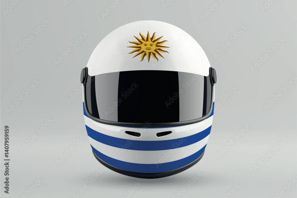 Front view of racing helmet featuring Uruguay flag colors