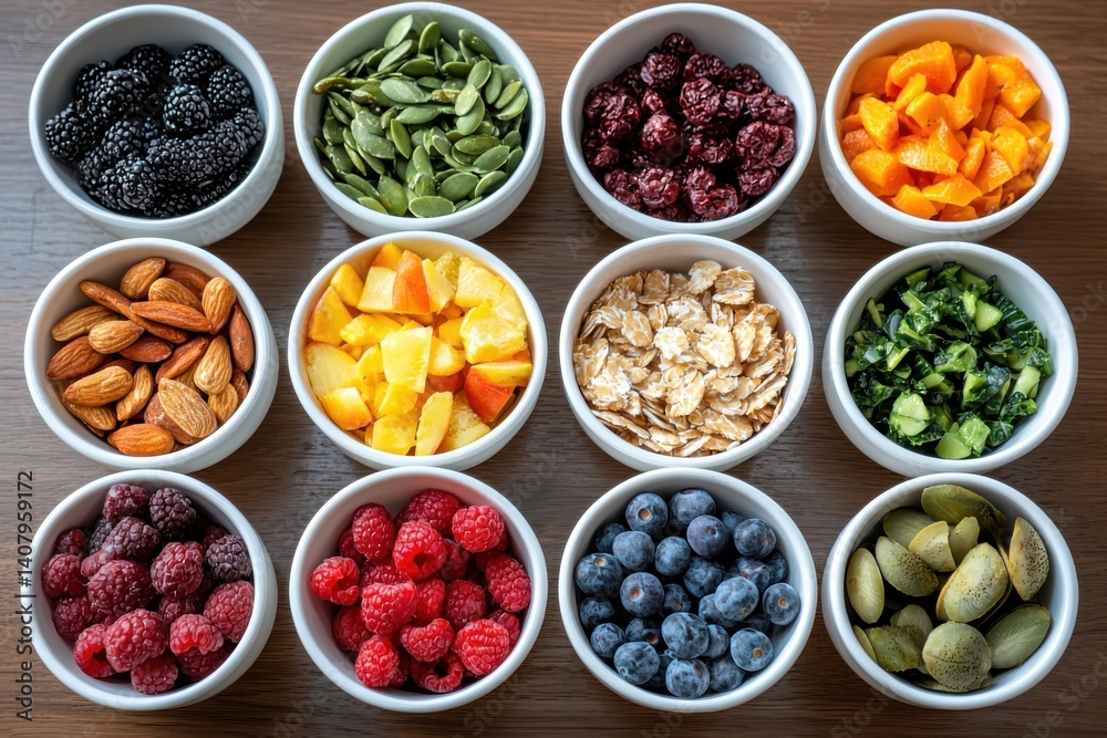 Colorful healthy snack options on a wooden table bright natural lighting top-down angle realistic presentation Colorful healthy snack options on a wooden table bright natural lighting top-down angle realistic presentation