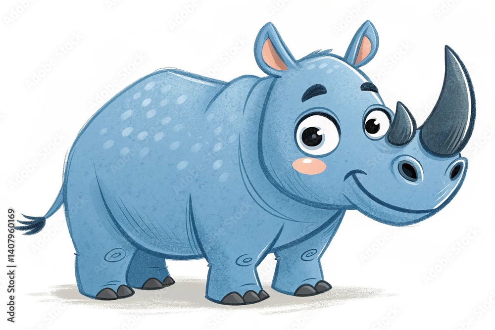 Obraz premium Cute Blue Rhino Character isolated on white background. A playful blue rhino cartoon character isolated on a white background, perfect for children s illustrations or educational designs