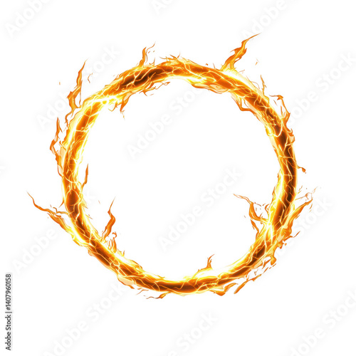 fiery, glowing ring of flames forms perfect circle against transparency background, creating dynamic and intense visual effect. bright orange and yellow flames flicker and dance, adding energy