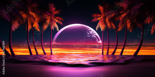 Neon sunset over tropical beach...