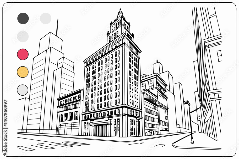 Fototapeta premium Coloring Pages, City Scenery full of tall buildings, colorless, black and white