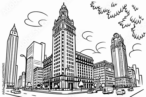 Coloring Pages, City Scenery full of tall buildings, colorless, black and white
