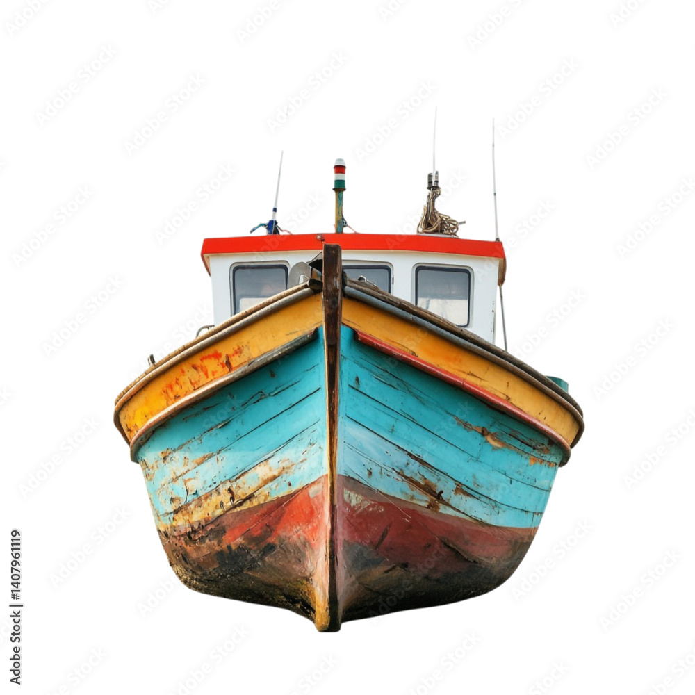 Colorful weathered fishing boat front view isolated on black background