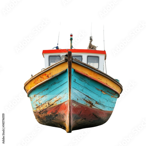 Obraz na płótnie Colorful weathered fishing boat front view isolated on black background w salonie