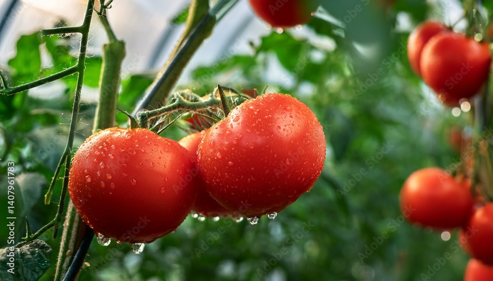 ripe red tomatoes on green branches grown in a greenhouse the tomatoes are wet from the rain ripe red tomatoes on green branches grown in a greenhouse the tomatoes are wet from the rain