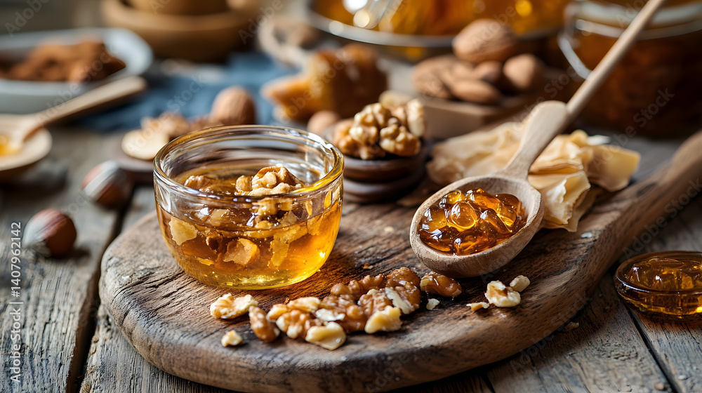 Fototapeta premium A glass jar of honey with walnuts, surrounded by a rustic wooden backdrop, creating a warm and inviting atmosphere.
