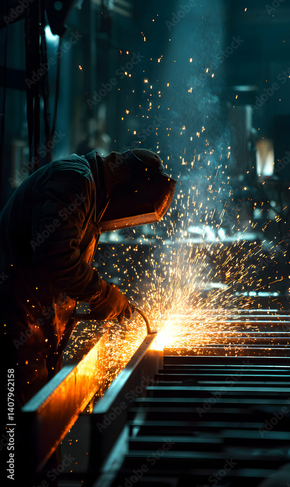 Metalworker crafting iron with intense sparks in a dim industrial setting Metalworker crafting iron with intense sparks in a dim industrial setting