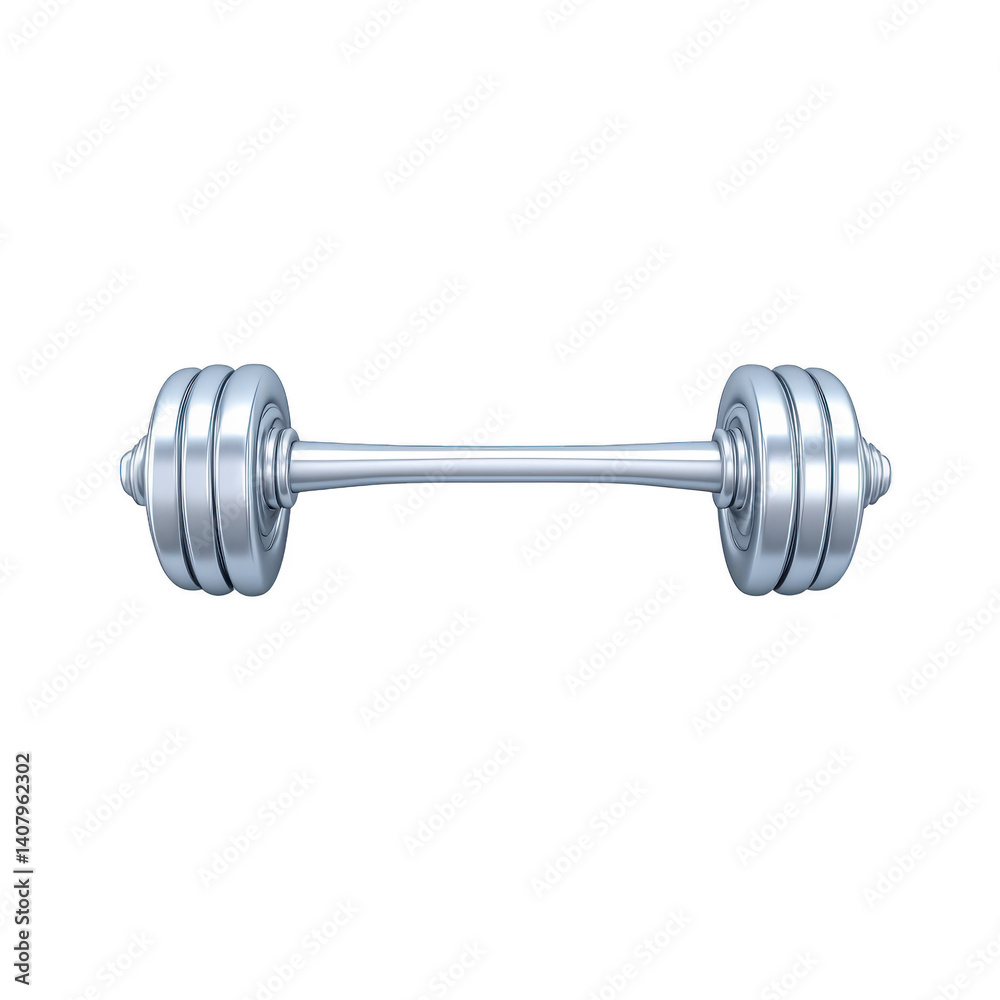 Fototapeta premium shiny silver dumbbell with multiple weight plates is centered on plain background, symbolizing strength and fitness. metallic finish reflects light, highlighting its sleek design